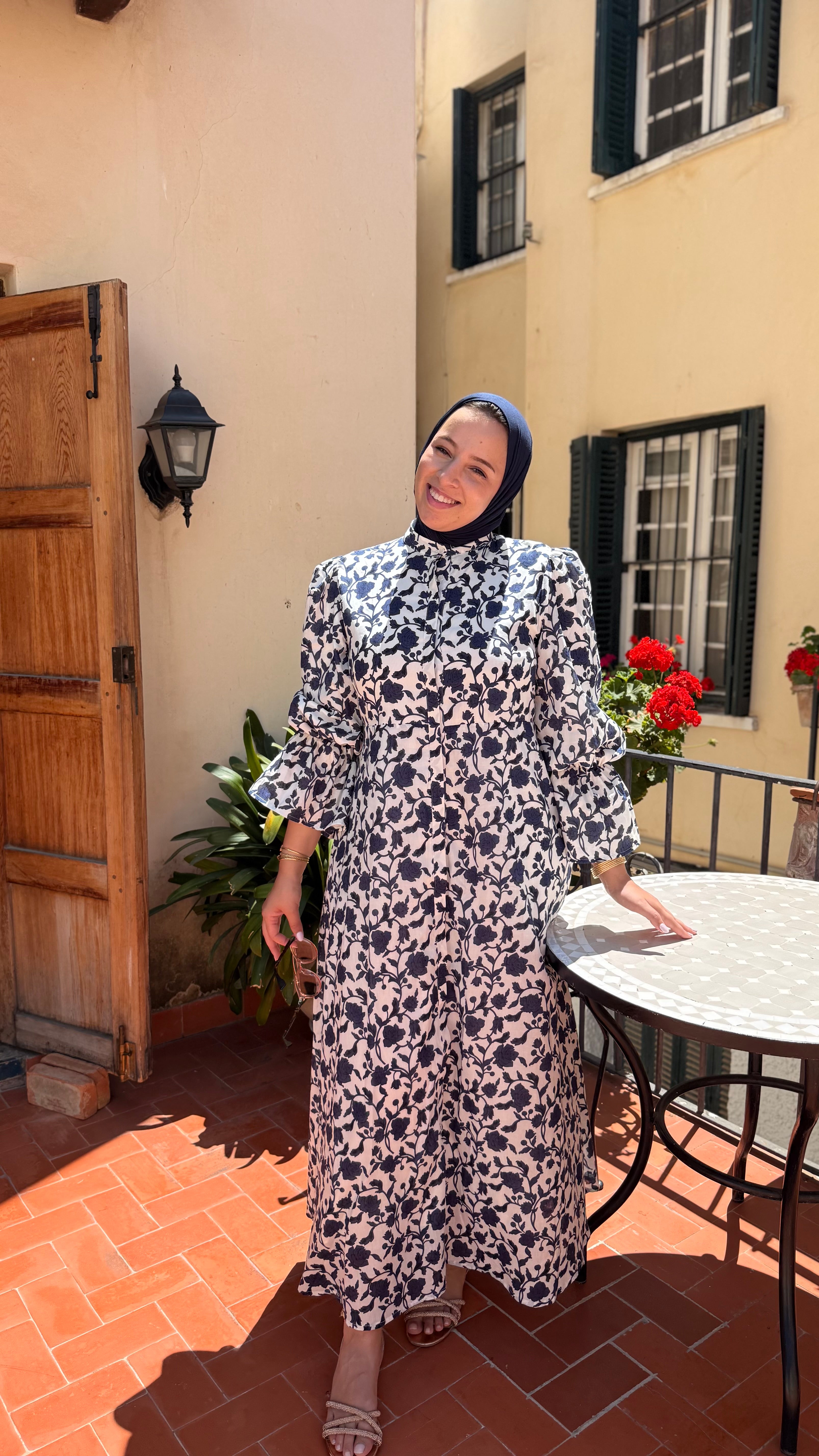 Robe Longue Imprimé Floral Bleu Marine