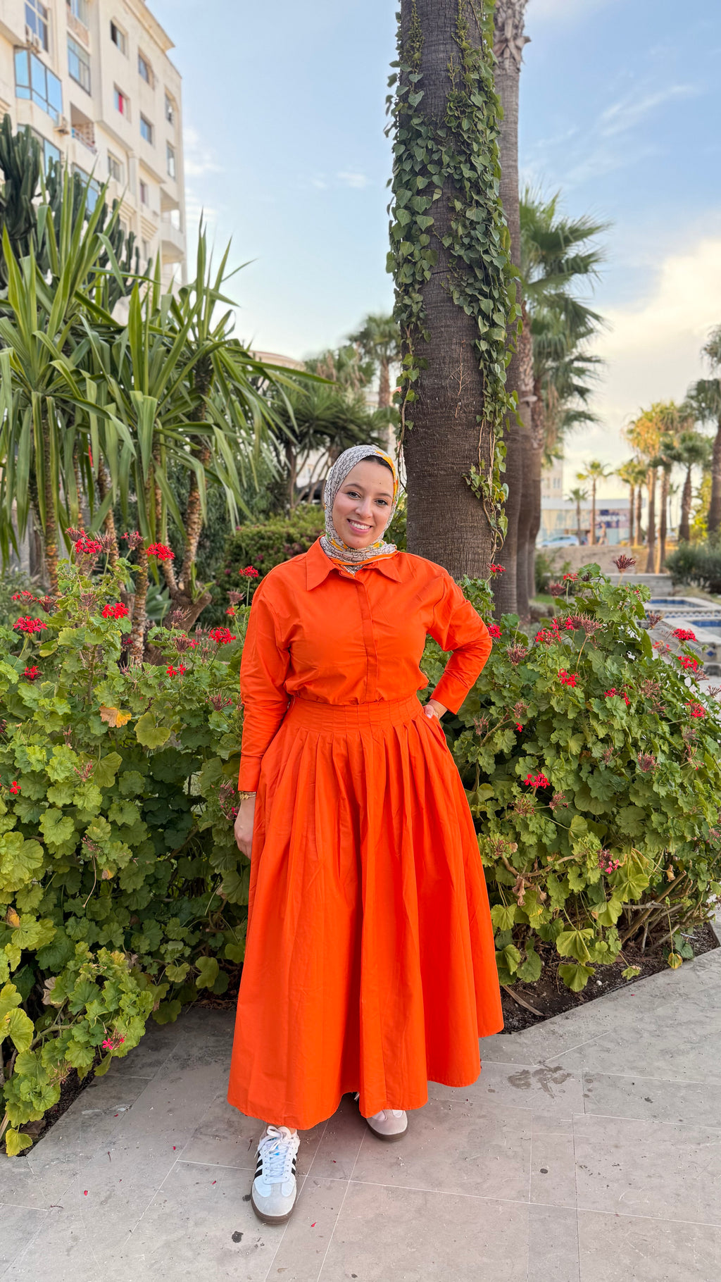 Ensemble Chemise & Jupe Plissée Orange